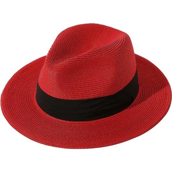 Women Wide Brim Straw Panama Roll Up Hat Red